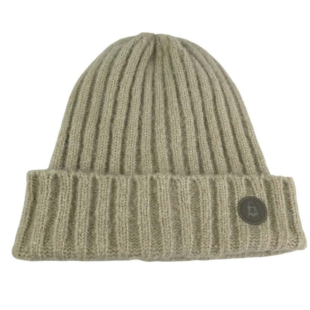 Steve Madden Unisex Beige Ribbed Knit Logo Outdoor Winter Beanie Hat One Size